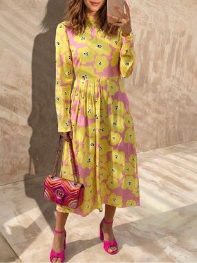 Never Fully Dressed Floral Prink & Yellow Fruit Motif Long Sleeve Midi Dress